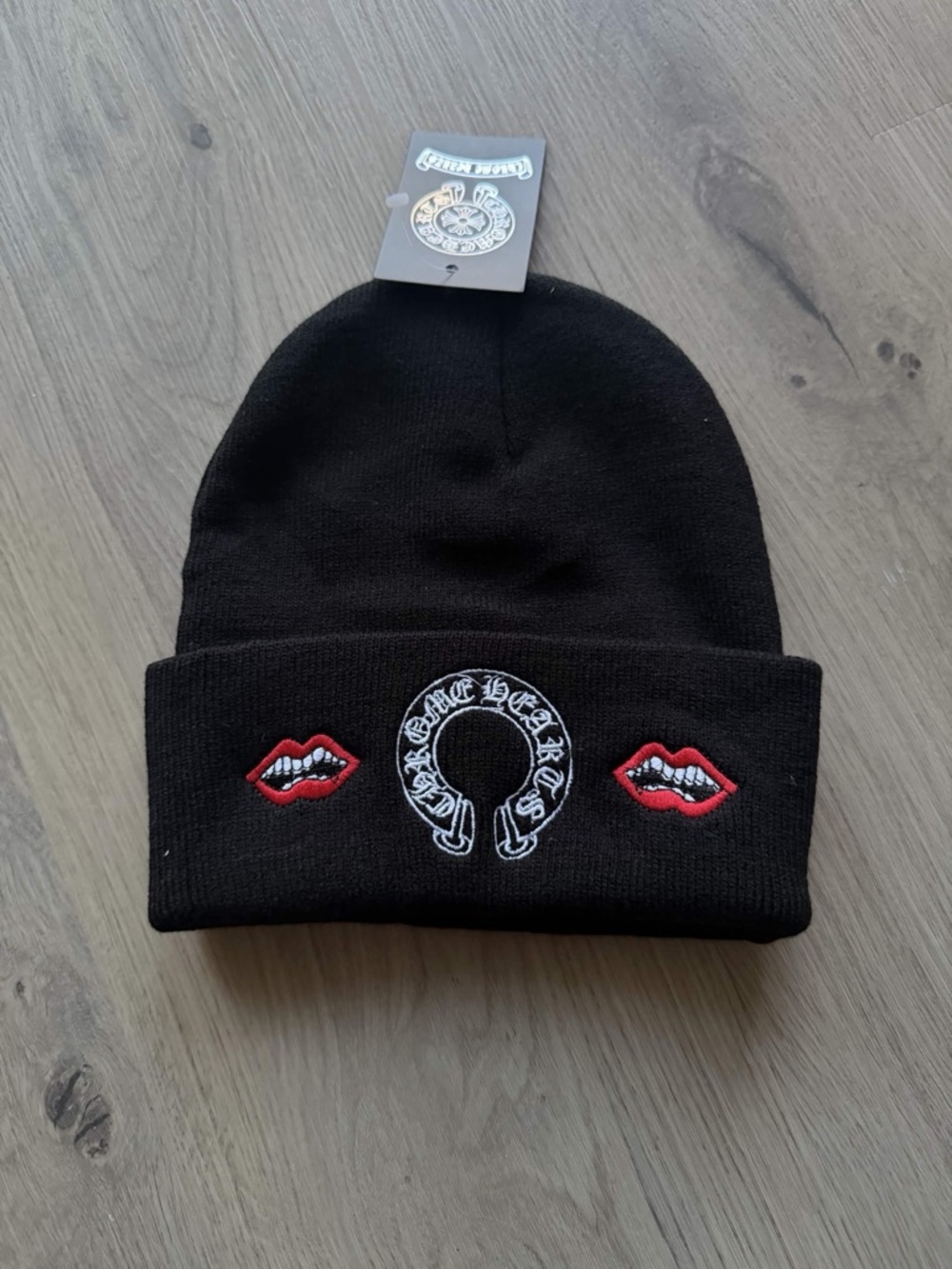 Chrome Hearts Black Beanie with Embroidered Lips and Logo
